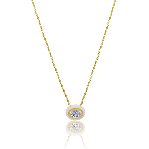 Gold and White Enamel Bezel Set Oval White Topaz Necklace